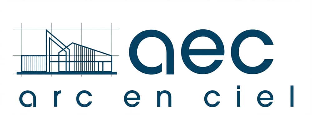 Logo représentant le contour d'un bâtiment stylisé sur une grille à côté du texte "aec" et, en dessous, les mots "arc en ciel" en lettres minuscules.