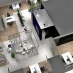 Un plan de bureau en 3D avec des bureaux, des chaises, des zones de réunion, des plantes et des pièces séparées, avec un sol en bois et un mobilier moderne.