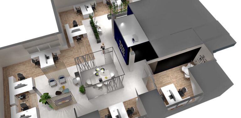 Un plan de bureau en 3D avec des bureaux, des chaises, des zones de réunion, des plantes et des pièces séparées, avec un sol en bois et un mobilier moderne.
