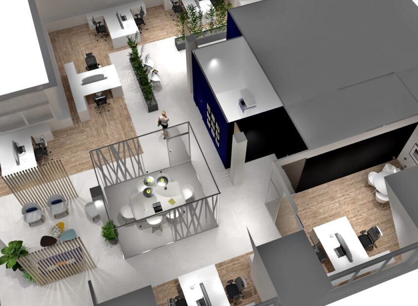 Un plan de bureau en 3D avec des bureaux, des chaises, des zones de réunion, des plantes et des pièces séparées, avec un sol en bois et un mobilier moderne.