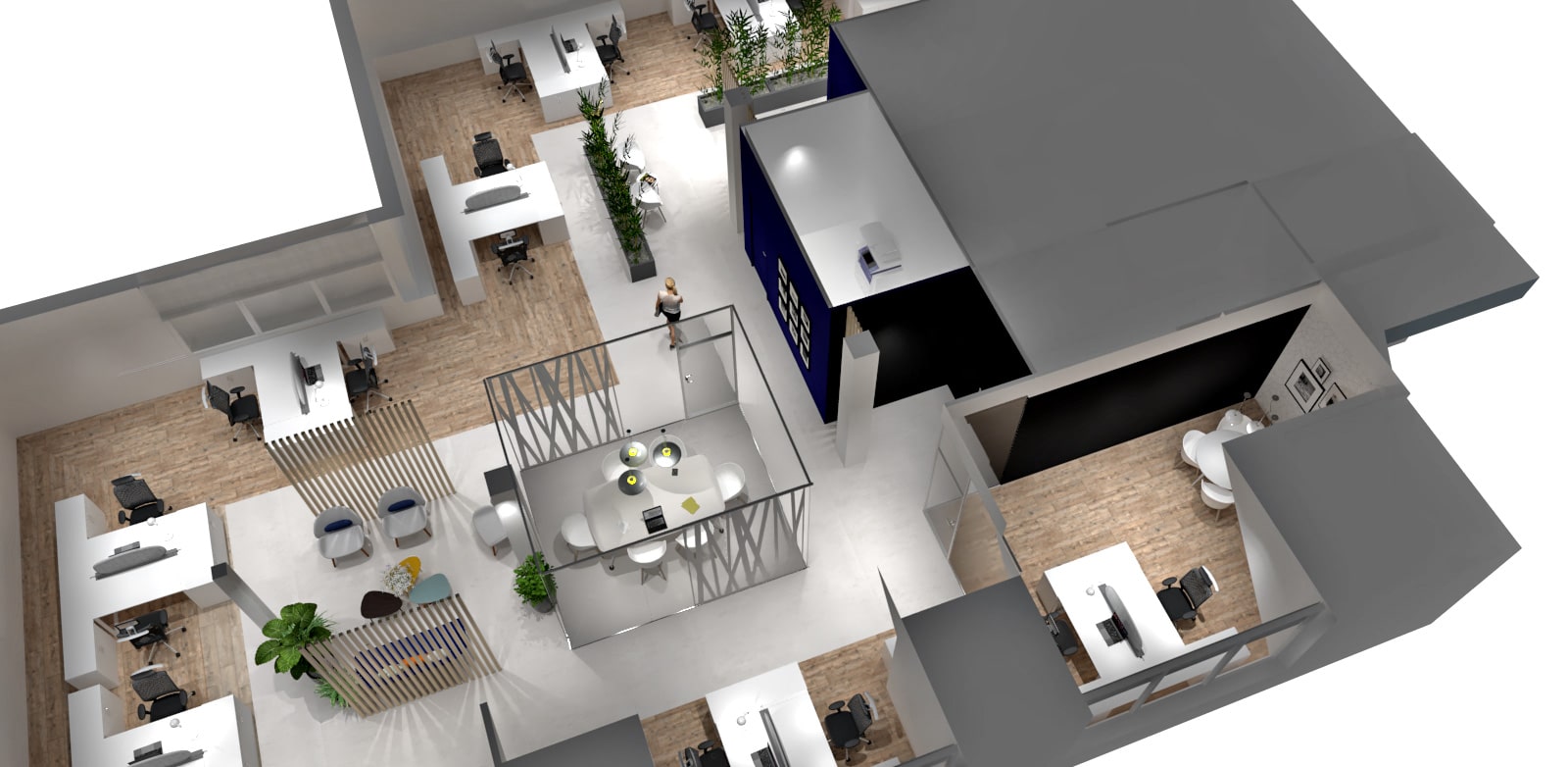 Un plan de bureau en 3D avec des bureaux, des chaises, des zones de réunion, des plantes et des pièces séparées, avec un sol en bois et un mobilier moderne.