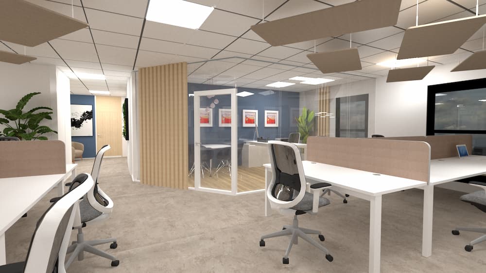 Bureau moderne à aire ouverte avec des bureaux blancs, des chaises ergonomiques, agencement de bureau comprenant une salle de réunion vitrée, des panneaux acoustiques au plafond et un décor minimal comprenant des plantes et des œuvres d'art encadrées.