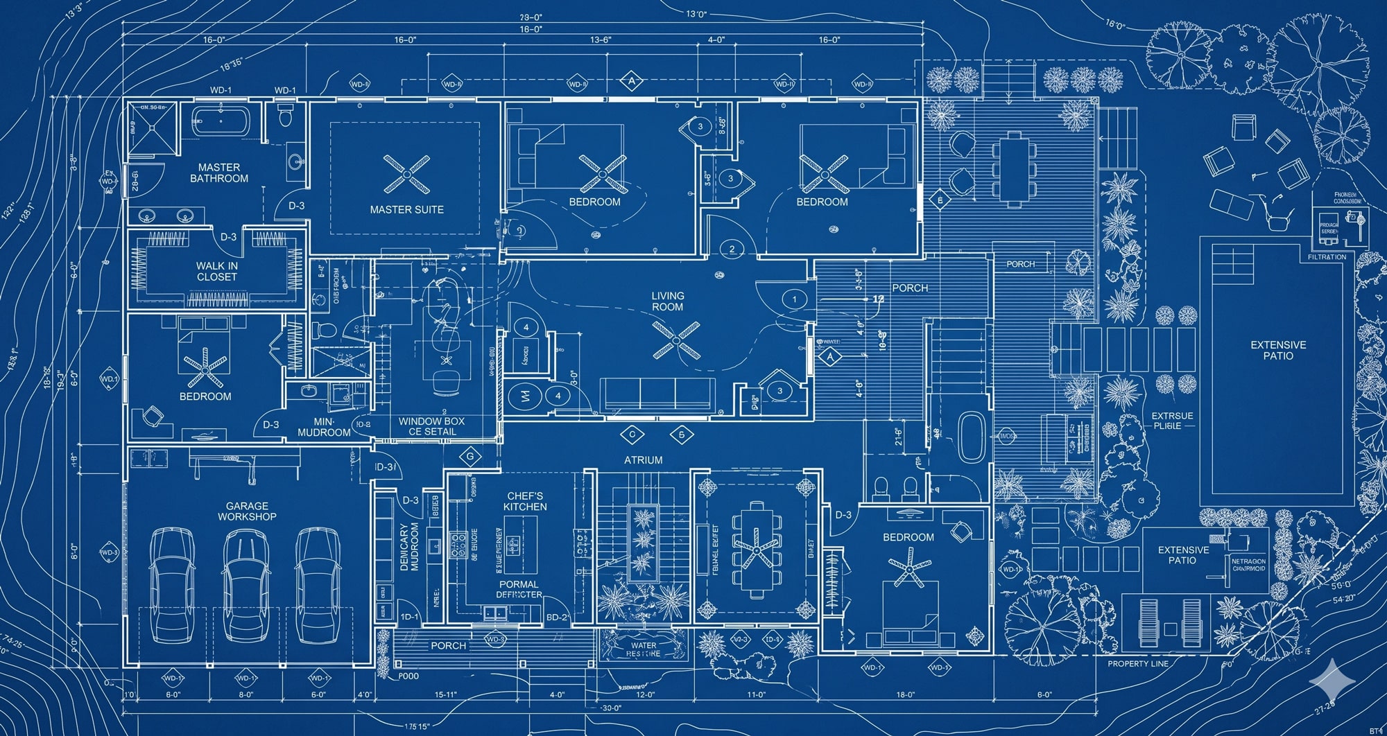 Plan architectural détaillé d'une grande maison, montrant les pièces étiquetées, le garage, l'atrium, les patios, l'aménagement paysager et la disposition des meubles.