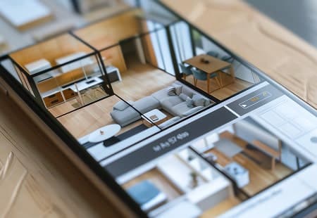 Smartphone affichant un plan d'étage détaillé en 3D d'un appartement avec des pièces étiquetées et la disposition des meubles.