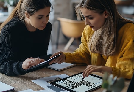 Deux femmes sont assises à une table et examinent des plans d'architecture affichés sur une tablette, avec des papiers et des carnets autour d'elles.