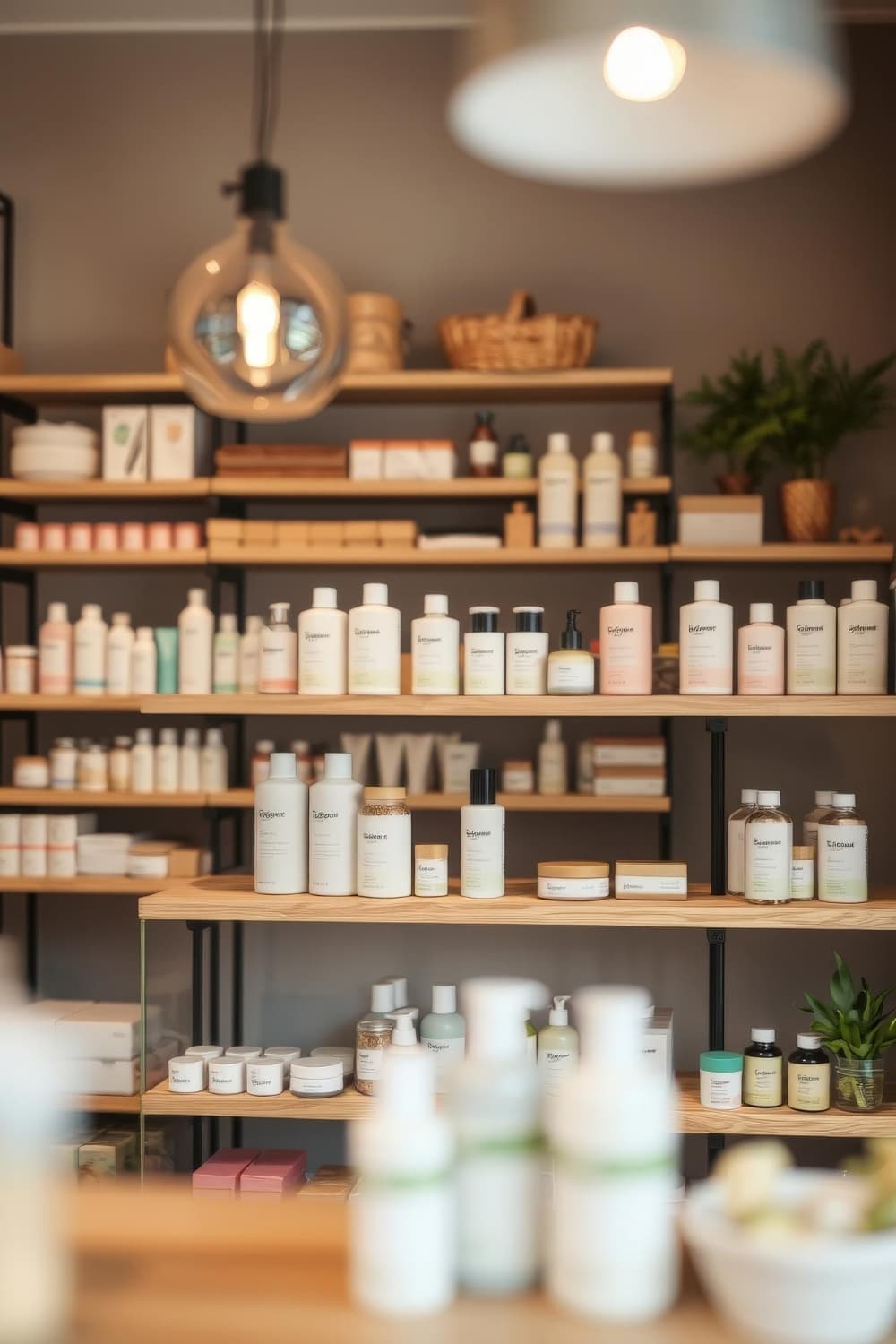 Des étagères remplies de divers produits de soin et de beauté en flacons, pots et boîtes sont judicieusement disposées comme un élégant agencement de bureau, complété par quelques plantes et objets décoratifs en arrière-plan.