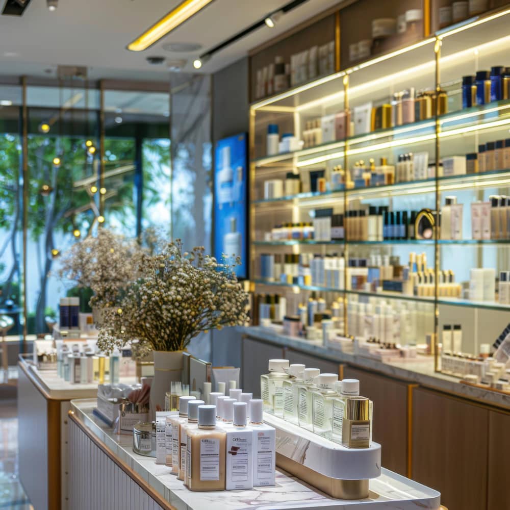 Un magasin de soins de la peau et de produits de beauté bien éclairé, avec un agencement de bureau créatif, présente diverses crèmes, lotions et produits cosmétiques sur des étagères et des comptoirs, agrémentés de fleurs décoratives au premier plan.