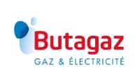 Logo de Butagaz avec le texte bleu et rouge "Butagaz Gaz & Électricité" et une forme abstraite bleue et bleu clair à gauche du texte.