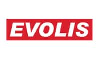 Le logo d'Evolis affiche le mot "EVOLIS" en lettres capitales blanches sur un fond rectangulaire rouge.