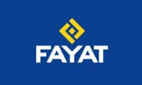 Le logo FAYAT est composé d'un symbole géométrique jaune au-dessus du mot "FAYAT" en blanc, sur un fond bleu.