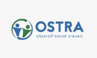 Logo de l'OSTRA représentant deux figures humaines abstraites à l'intérieur d'un cercle, avec le texte "OSTRA objectif santé travail" à côté du graphique.