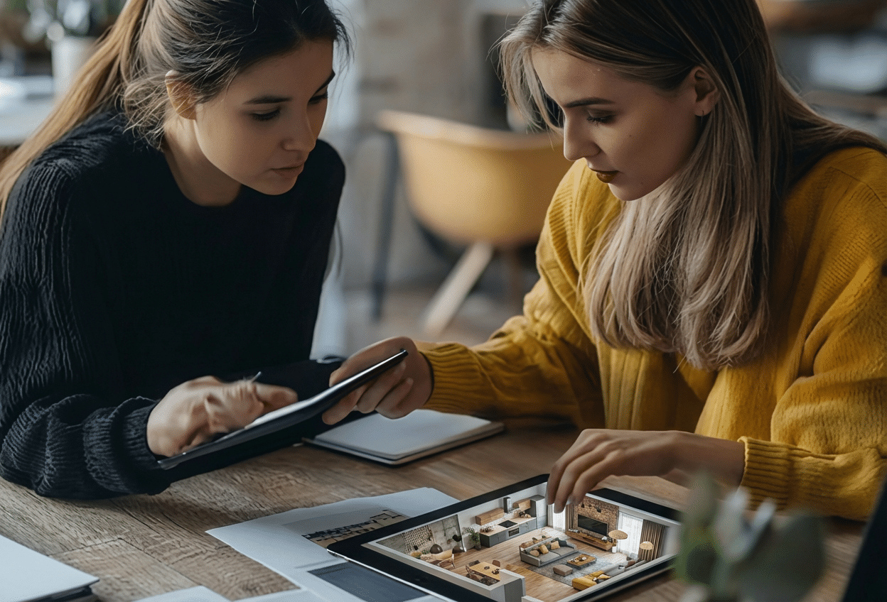 Deux femmes sont assises à une table et examinent un modèle numérique d'aménagement intérieur en 3D sur une tablette, discutant d'idées d'agencement bureaux Île-de-France, entourées de papiers et de cahiers.
