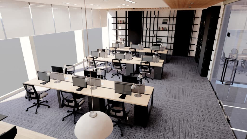 Bureau moderne à aire ouverte avec plusieurs bureaux, ordinateurs, chaises de bureau, grandes fenêtres avec stores, étagères et salle de réunion vitrée - un exemple idéal d'agencement bureaux Île-de-France par un contractant général rénovation.