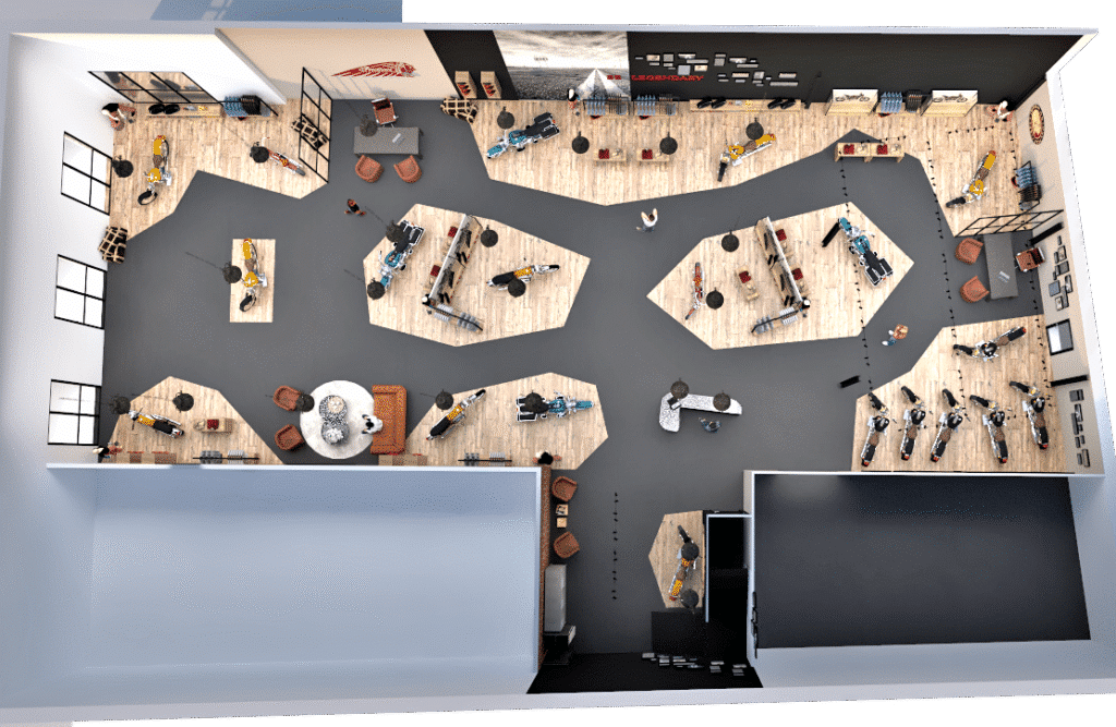 Vue d'ensemble d'un espace de bureau moderne composé de plusieurs postes de travail, d'espaces de réunion et de salons disposés sur un mélange de bois clair et de sols foncés.