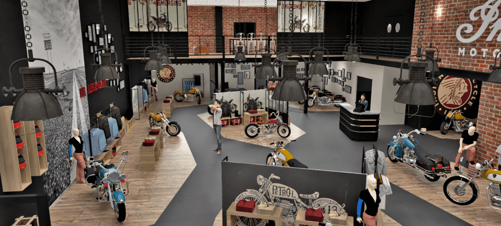 Salle d'exposition de motos moderne avec plusieurs motos exposées, des mannequins, des étagères à vêtements et un bureau d'accueil. Les murs noirs et briques sont décorés d'œuvres d'art de motos anciennes.