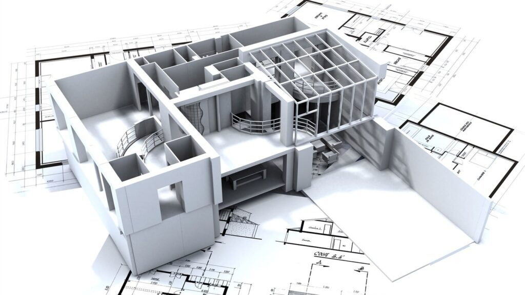 Modèle architectural 3D d'un bâtiment moderne placé au-dessus de plusieurs plans techniques.