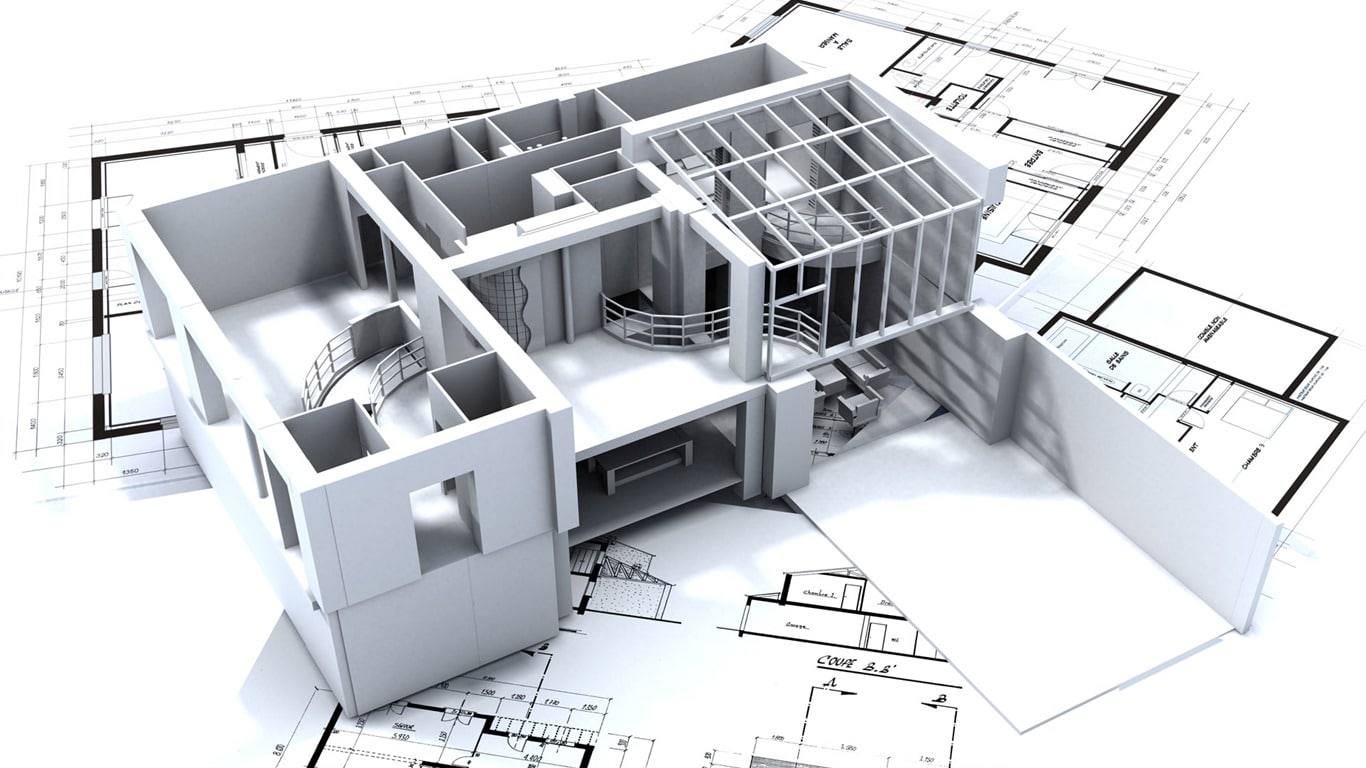 Modèle architectural 3D d'un bâtiment moderne avec des espaces intérieurs ouverts, placé au-dessus de plans d'étage techniques.