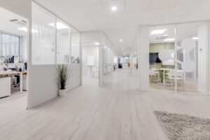 Intérieur de bureau moderne avec des salles de réunion vitrées, des espaces de travail sur la gauche, une plante le long du mur, un sol en bois clair et un éclairage zénithal lumineux.
