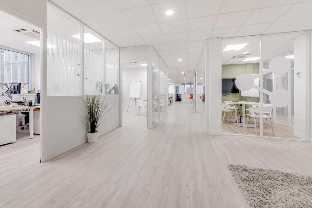 Intérieur de bureau moderne avec des salles de réunion vitrées, des postes de travail, un tableau blanc, un sol en bois clair et un décor minimal comprenant une plante en pot et un tapis.