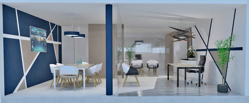 Espace de bureau moderne avec, à gauche, une zone de conférence dotée d'une longue table et de chaises et, à droite, un bureau de direction séparé, tous deux dotés d'un décor contemporain et de plantes d'intérieur.