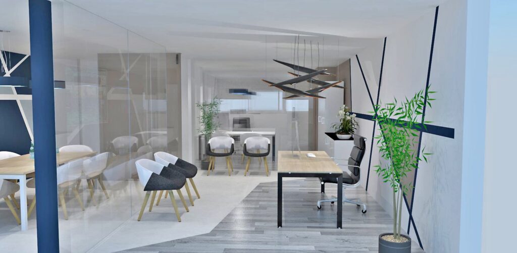 Bureau moderne avec cloison en verre, mobilier minimaliste, deux bureaux, des chaises, un éclairage suspendu et des plantes en pot sur un sol en bois.
