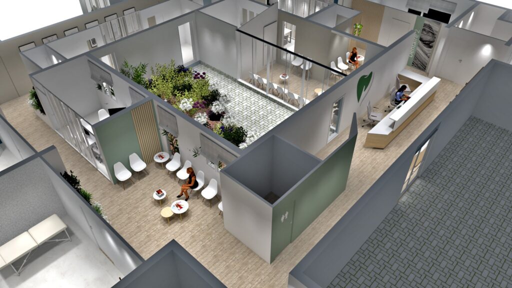 L'intérieur d'une clinique dentaire moderne avec des salles d'attente, plusieurs fauteuils, des plantes dans une cour centrale et une réceptionniste à l'accueil.