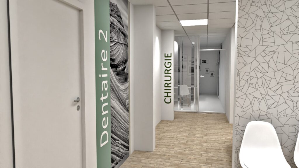 Un couloir de clinique moderne avec des portes étiquetées "Dentaire 2" et "Chirurgie", avec un sol en bois clair et des murs à motifs géométriques.
