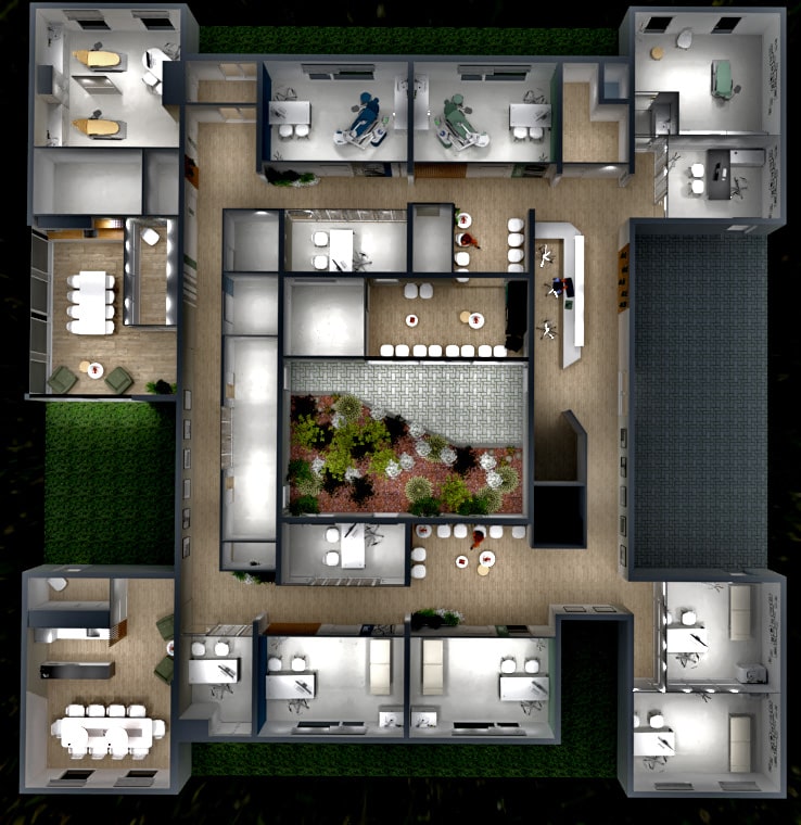 Vue aérienne du plan d'un bâtiment moderne comprenant plusieurs pièces, une cour centrale avec des plantes, des bureaux, des salles de réunion et des couloirs.