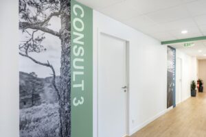 Un couloir aux murs blancs et au sol en bois, avec une porte étiquetée "Consult 3" à côté d'une peinture murale sur la nature en noir et blanc.