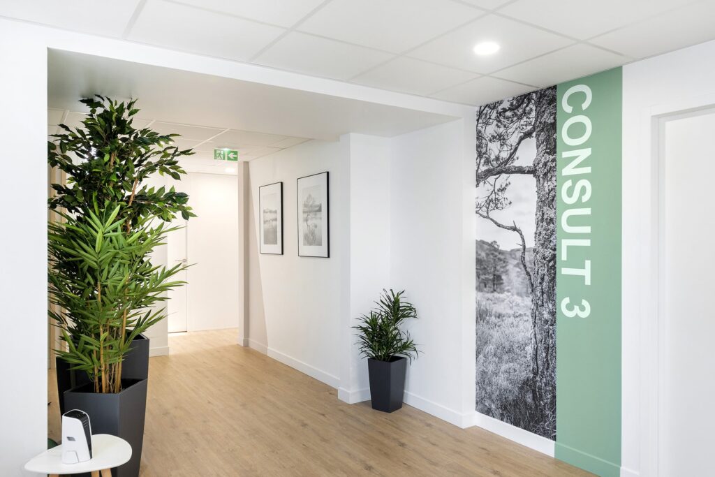 Un couloir propre avec un sol en bois clair, des plantes en pot, des œuvres d'art murales encadrées et un panneau indiquant "CONSULTATION 3" à côté d'une photo d'arbre en noir et blanc.
