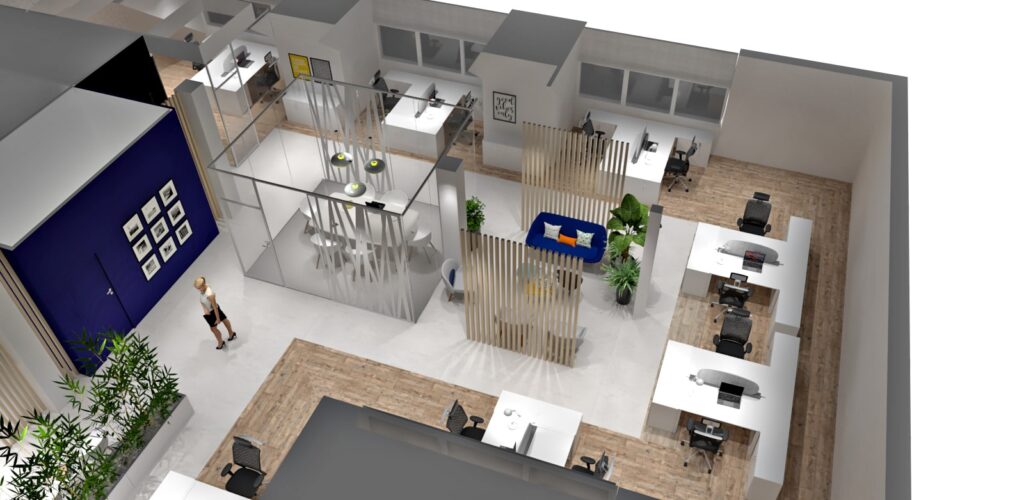 Un bureau moderne à aire ouverte avec des bureaux, des ordinateurs, un coin salon et un espace de réunion séparés par des lattes de bois verticales ; une personne se promène dans l'espace.