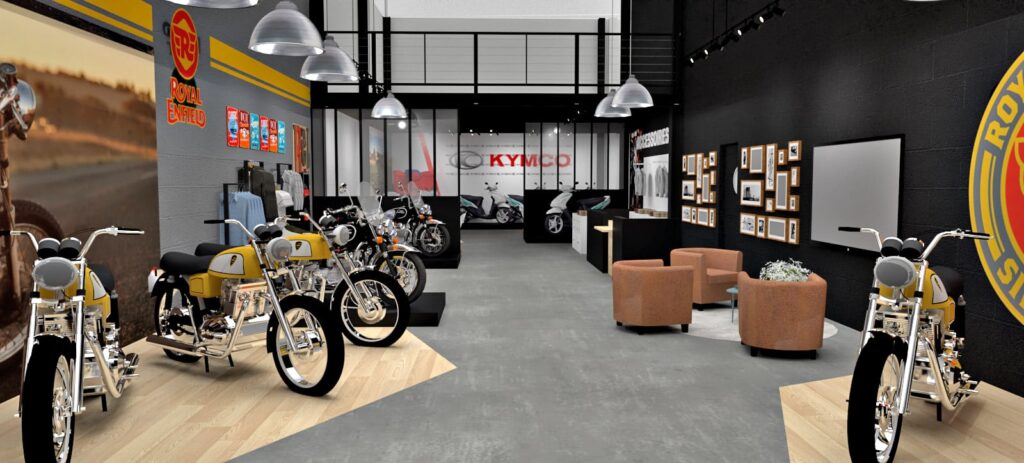 Intérieur d'une salle d'exposition de motos avec plusieurs motos exposées, des enseignes de marque, des chaises longues, des photos encadrées sur les murs et un design industriel moderne.