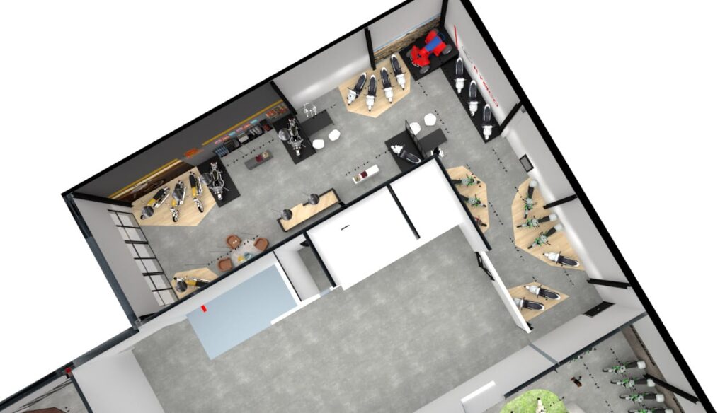 Un rendu en 3D montre une vue d'ensemble d'un magasin de détail moderne avec des étagères, des zones assises, des comptoirs et un plan d'étage ouvert.