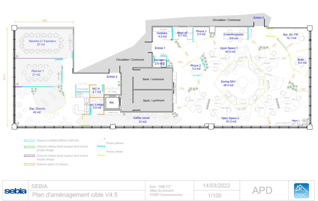 Plan des bureaux montrant les différents espaces de travail, les salles de réunion, les zones communes, les sections étiquetées et les points d'entrée, avec les types de cloisons codés par couleur indiqués dans la légende.