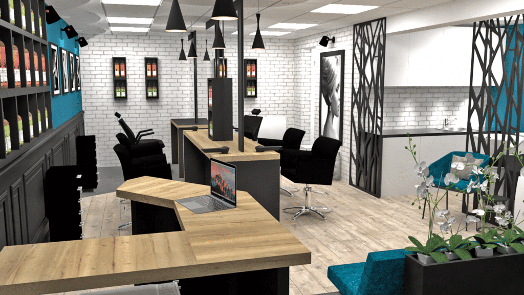 Un salon moderne avec des fauteuils de style noirs, des comptoirs en bois et des murs en briques blanches.