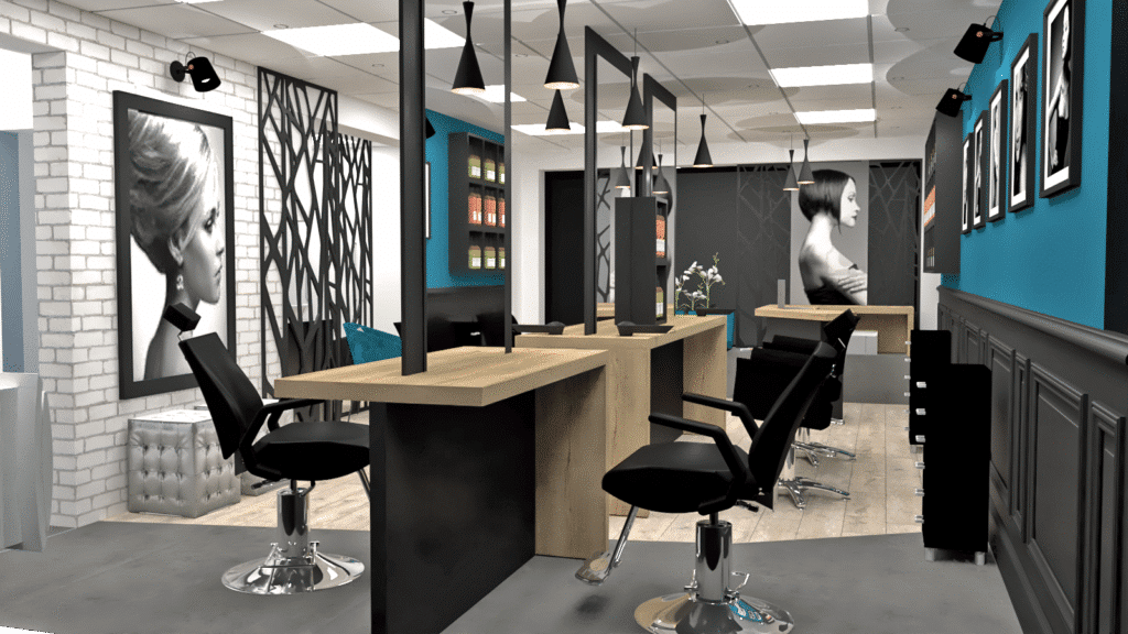 Intérieur d'un salon de coiffure moderne avec des fauteuils de coiffure noirs, des postes de travail en bois, des portraits encadrés en noir et blanc sur les murs et des étagères contenant des produits capillaires dans un espace bien éclairé.