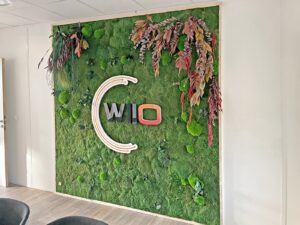 Un mur de mousse verte avec le texte "WILO" en lettres d'imprimerie et une forme ovale rose, décoré de plantes séchées suspendues et d'accents de bois clair.