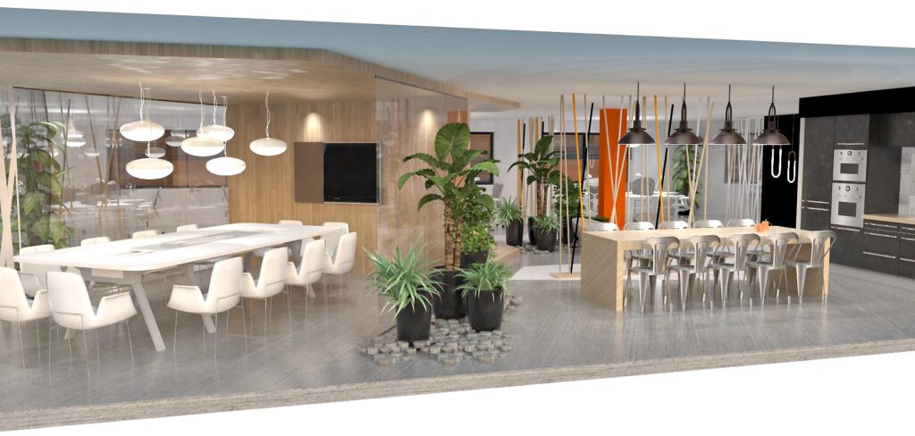 Salle à manger et cuisine modernes à aire ouverte avec des chaises blanches, des touches de bois, des lampes suspendues, des plantes d'intérieur et des appareils de cuisine encastrés.