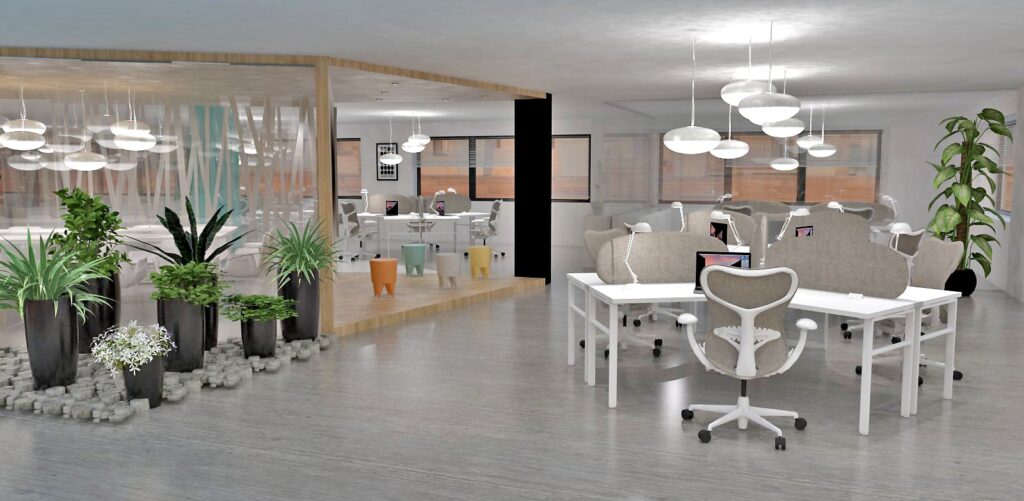 Bureau moderne à aire ouverte avec des bureaux blancs, des chaises ergonomiques, des plantes en pot, des lampes suspendues et un espace de réunion vitré.