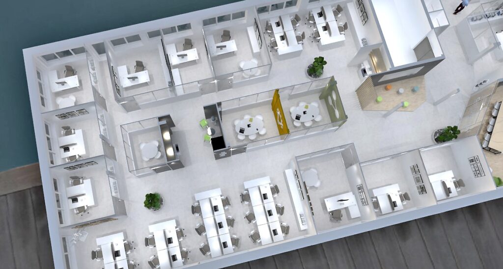Vue de haut en bas d'un bureau moderne comprenant plusieurs postes de travail, des salles de réunion et des espaces de détente, avec des bureaux et des chaises blancs et quelques plantes vertes.