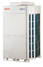 Grande unité industrielle blanche de chauffage, de ventilation et de climatisation avec un échangeur de chaleur bleu visible, étiqueté "atlantic" et "aventair" sur le panneau avant supérieur.