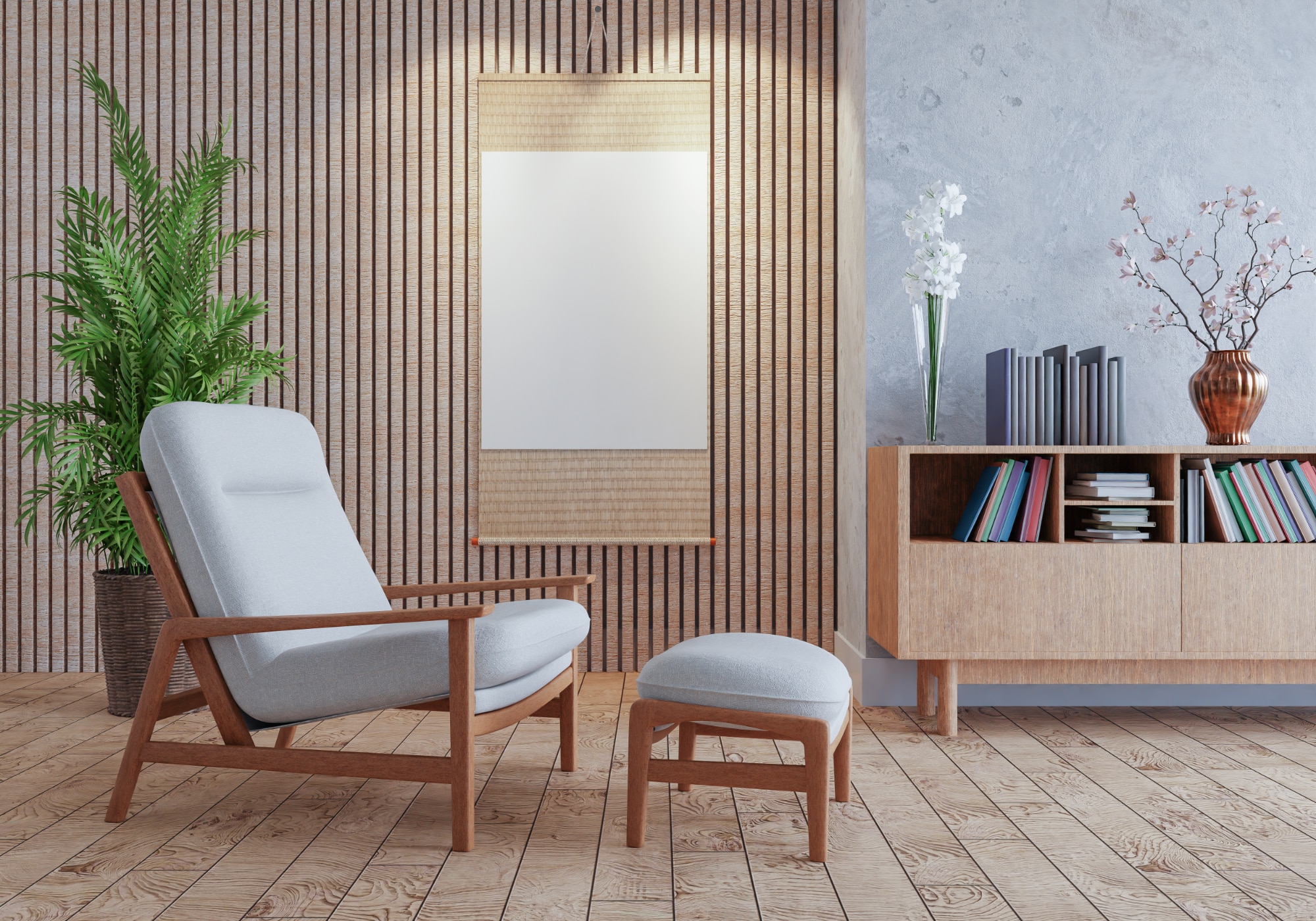 Salon moderne comprenant un fauteuil en bois, un pouf assorti, une étagère avec des livres et des objets décoratifs, une grande plante et un miroir vertical accroché sur un mur d'accent en lattes de bois.
