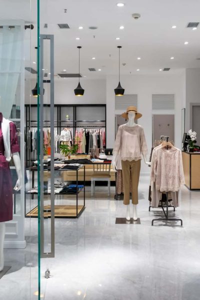 Intérieur d'un magasin de vêtements avec des mannequins présentant des tenues féminines près de l'entrée vitrée ; des étagères de vêtements et d'accessoires sont disposées dans l'espace bien éclairé.