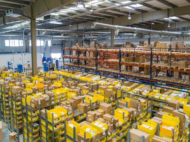 Intérieur d'un grand entrepôt avec des étagères remplies de bacs jaunes et de boîtes en carton, illustrant le stockage organisé des stocks dans un environnement industriel qui complète un agencement de bureau et un flux de travail efficaces.