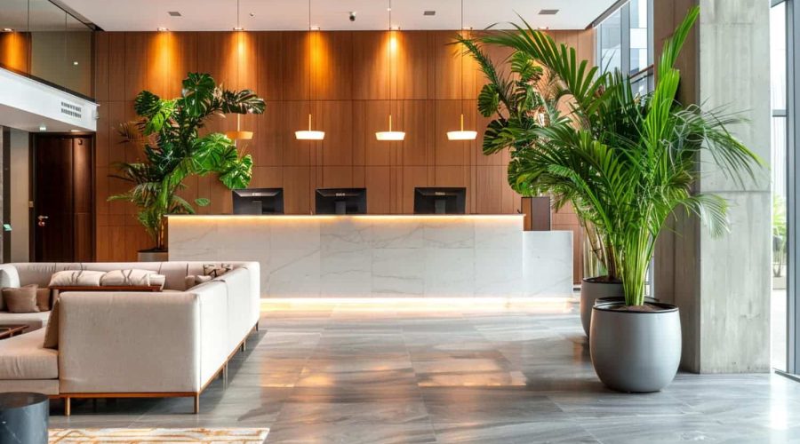 Hall d'entrée d'un hôtel moderne avec un bureau de réception en marbre, un mur en bois, des lampes suspendues, de grandes plantes en pot et un coin salon aux couleurs neutres.