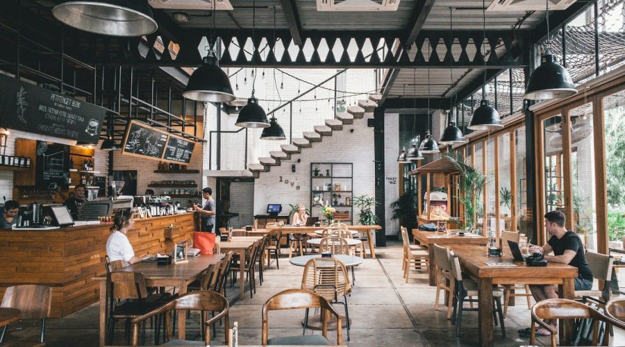 interior of rustic cafe with wooden tables
