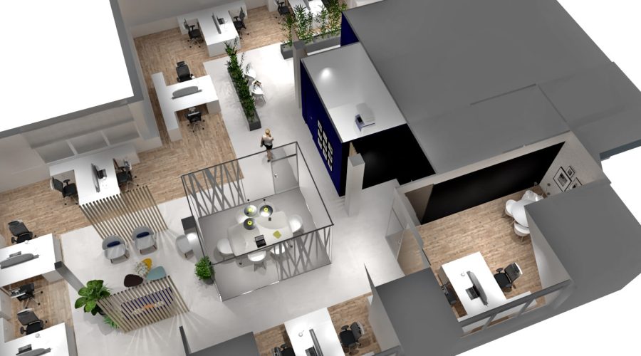 Un plan de bureau en 3D avec des bureaux, des chaises, des zones de réunion, des plantes et des pièces séparées, avec un sol en bois et un mobilier moderne.