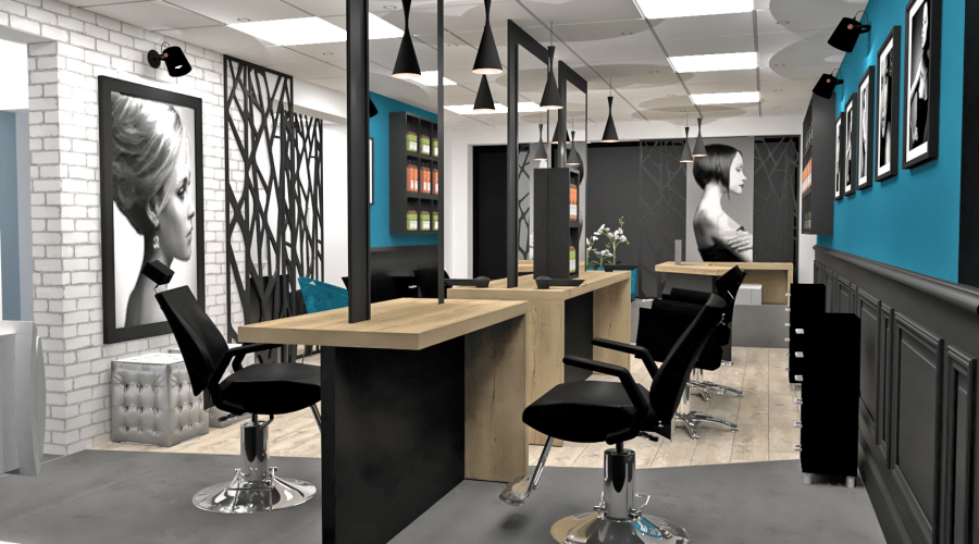 Intérieur d'un salon de coiffure moderne avec des fauteuils de coiffure noirs, des postes de travail en bois, des œuvres d'art murales représentant des portraits, des étagères avec des produits de coiffure et des luminaires contemporains.